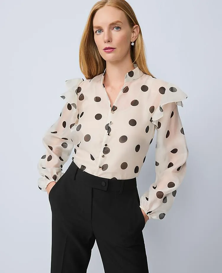 Dotted Ruffle Trim Blouse