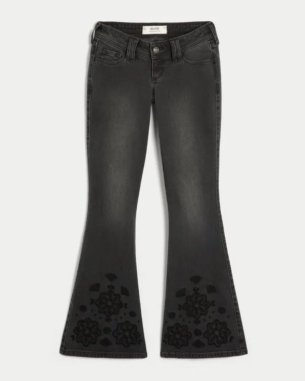 Ultra Low-Rise Floral Embroidery Washed Black Flare Jeans