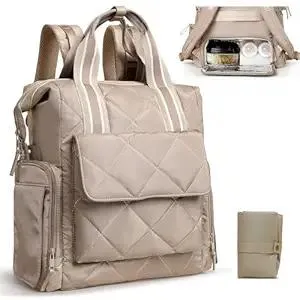 Diaper Bag Backpack Quilted Baby Diaper Bag Pañaleras Para Bebe Breast Pump Backpack for Working Moms with 11 Pouches,Large Insulated Cooler Compartment,Stroller Straps,Changing Pad,Khaki
