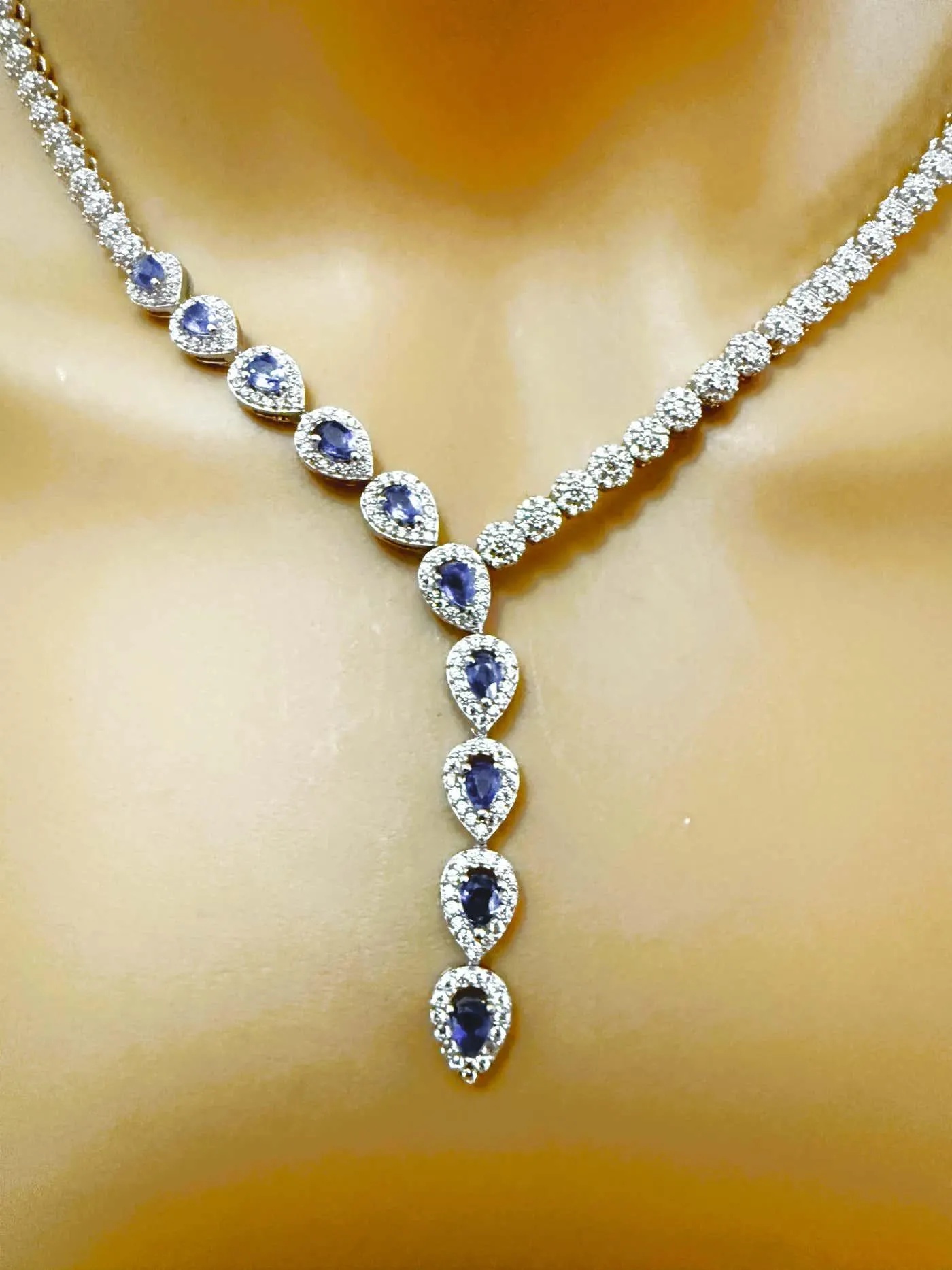 New 14k White Gold PL 10-Stone Kyanite & Diamond Cut Sapphire Sterling Necklace