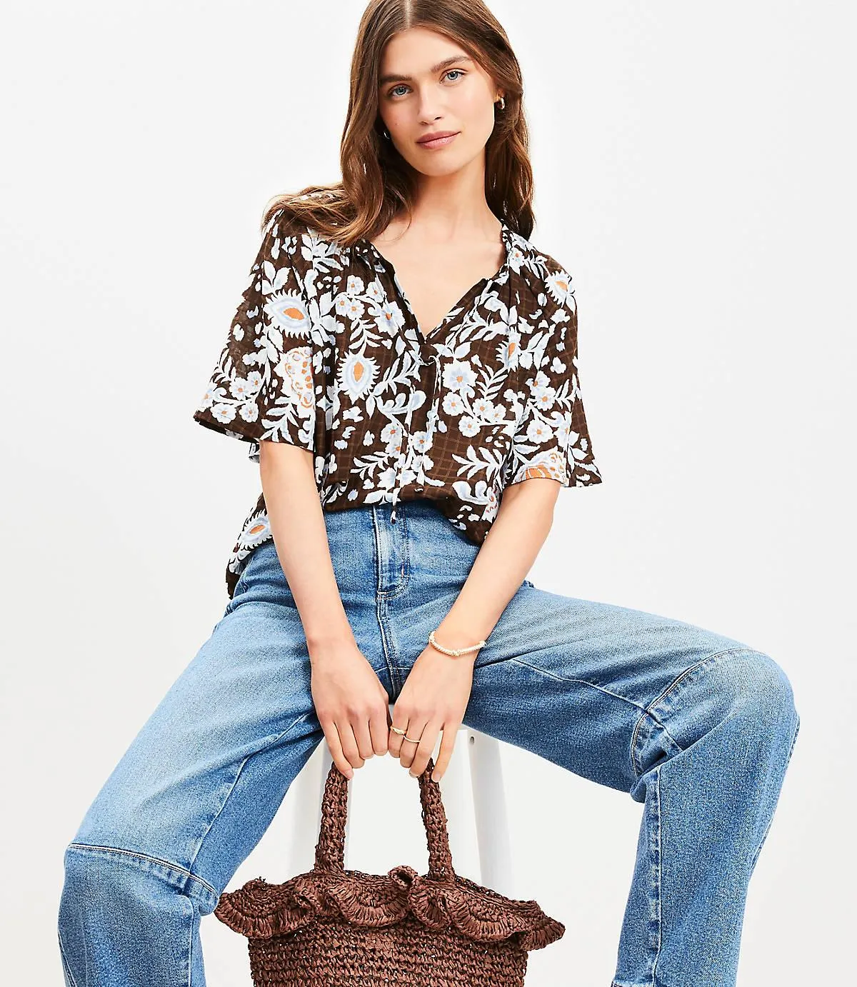 Floral Ruffle Tie Neck Blouse