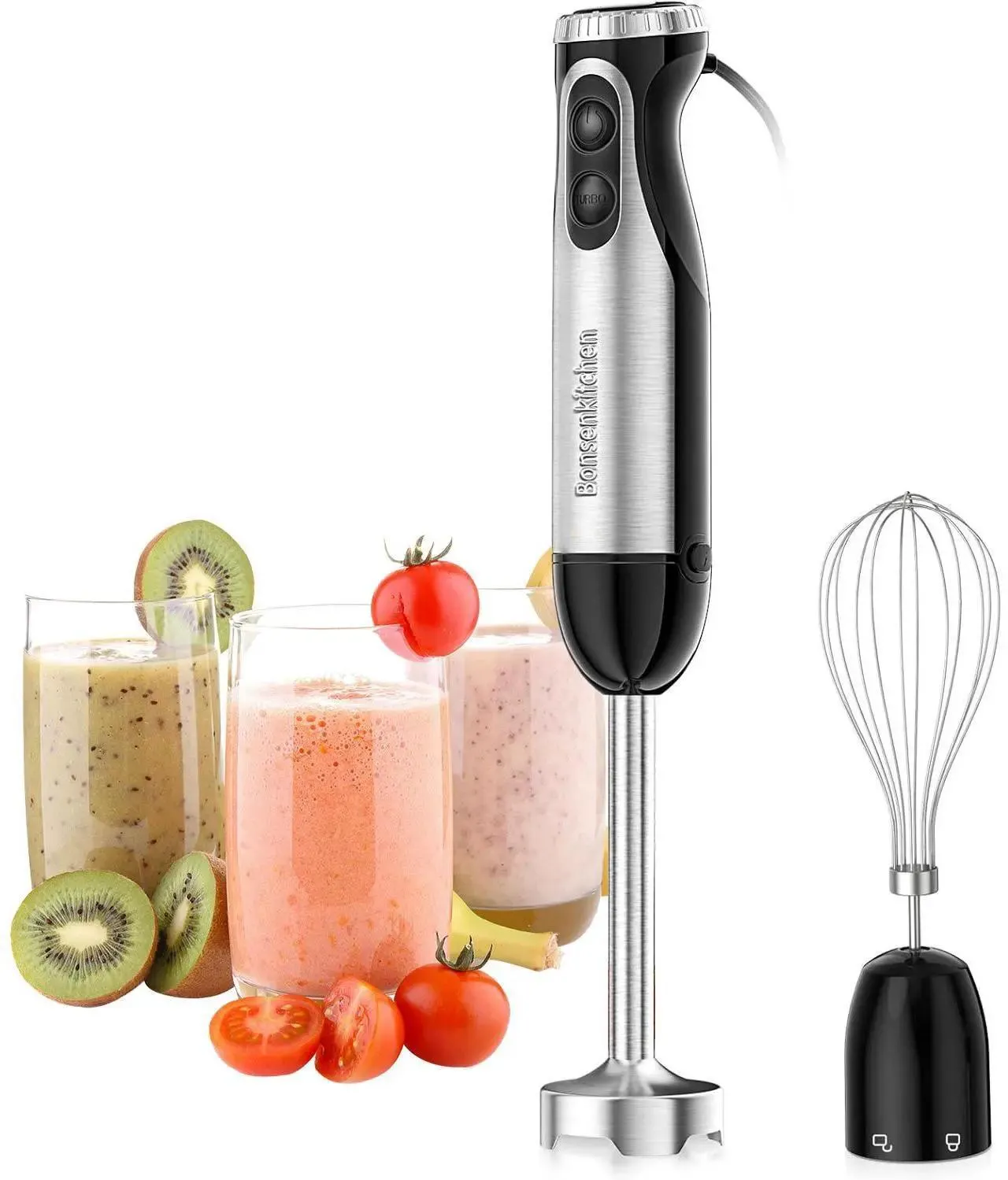 Bonsenkitchen 500W Immersion Blender, 20-Speed & Turbo Hand Blender Stick with Whisk, 304 Stainless Steel for Soup, Smoothie, Puree & Baby Food