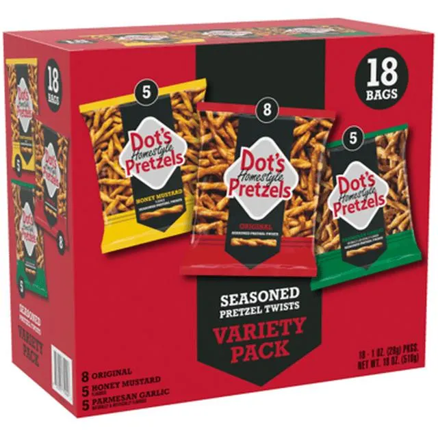 Dot's Homestyle Pretzels Original, Parmesan Garlic, Honey Mustard Snack Variety Pack, 1oz (18 Count)