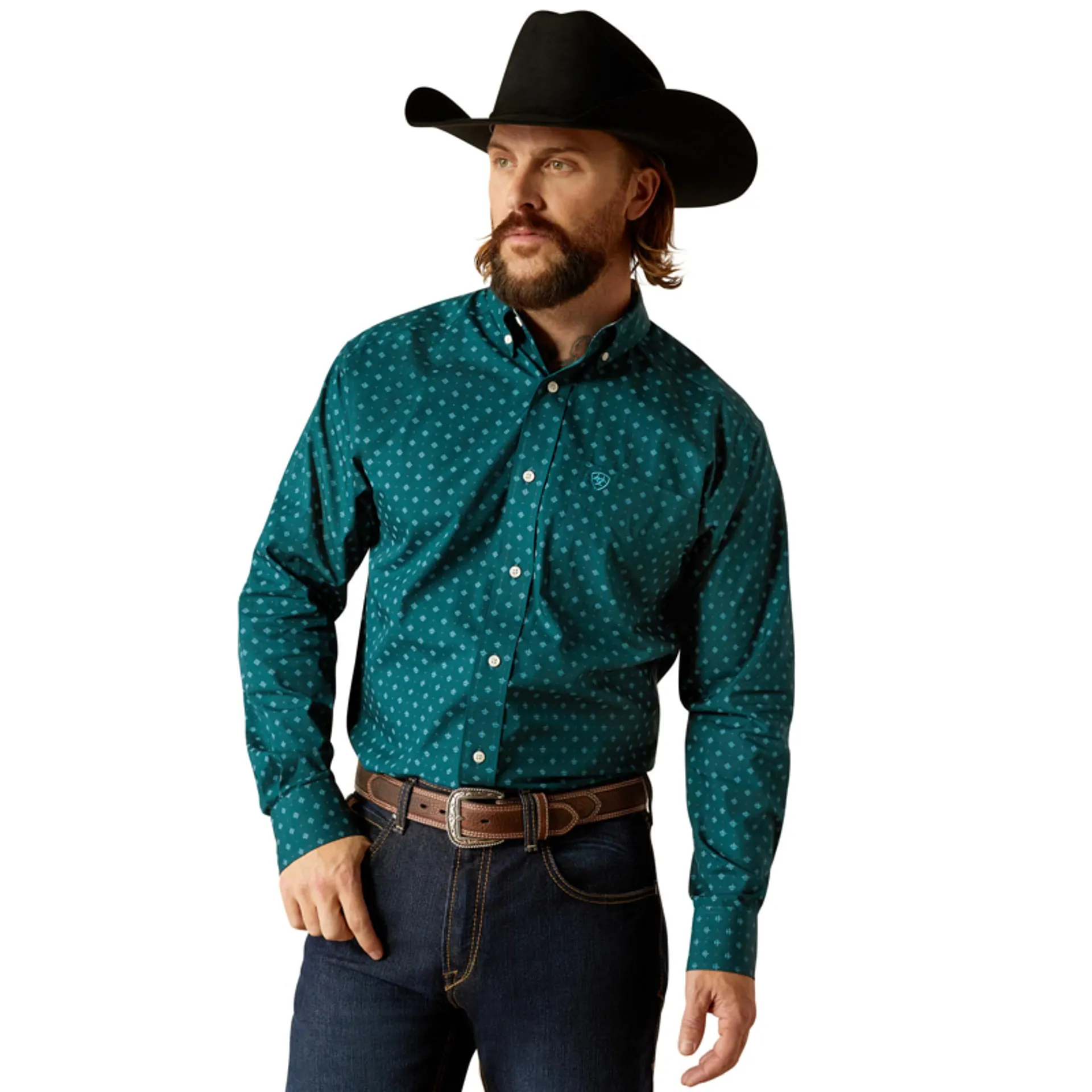 Ariat Men's Deep Teal Geo Print WF Gunnar Long Sleeve Button Up Shirt