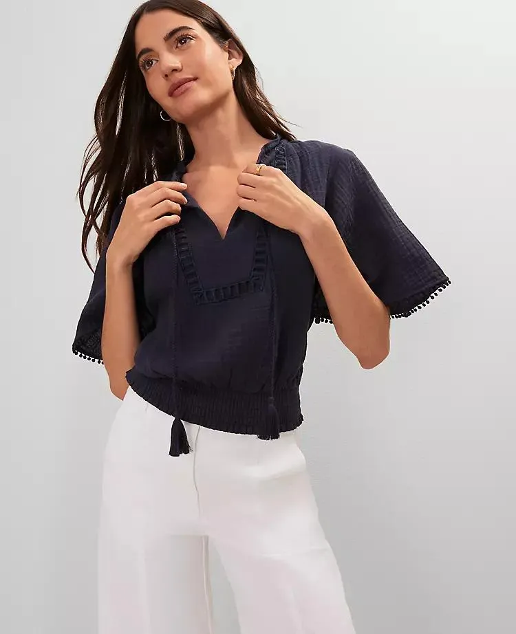 Weekend Collection Linen Blend Tie Neck Blouse