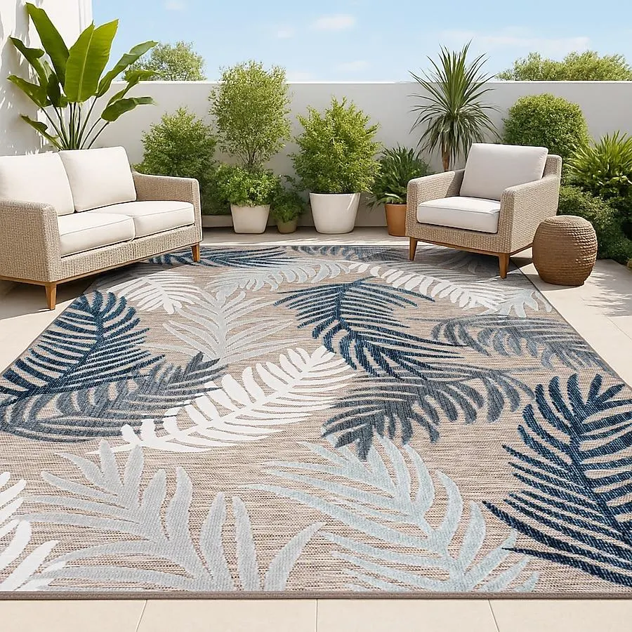 JONATHAN Y HAWAII Montego High-Low Tropical Palm 8 x 10 (ft) Loomed Brown/Navy/Ivory Rectangular Indoor/Outdoor Floral/Botanical Coastal Pet Friendly Area rug