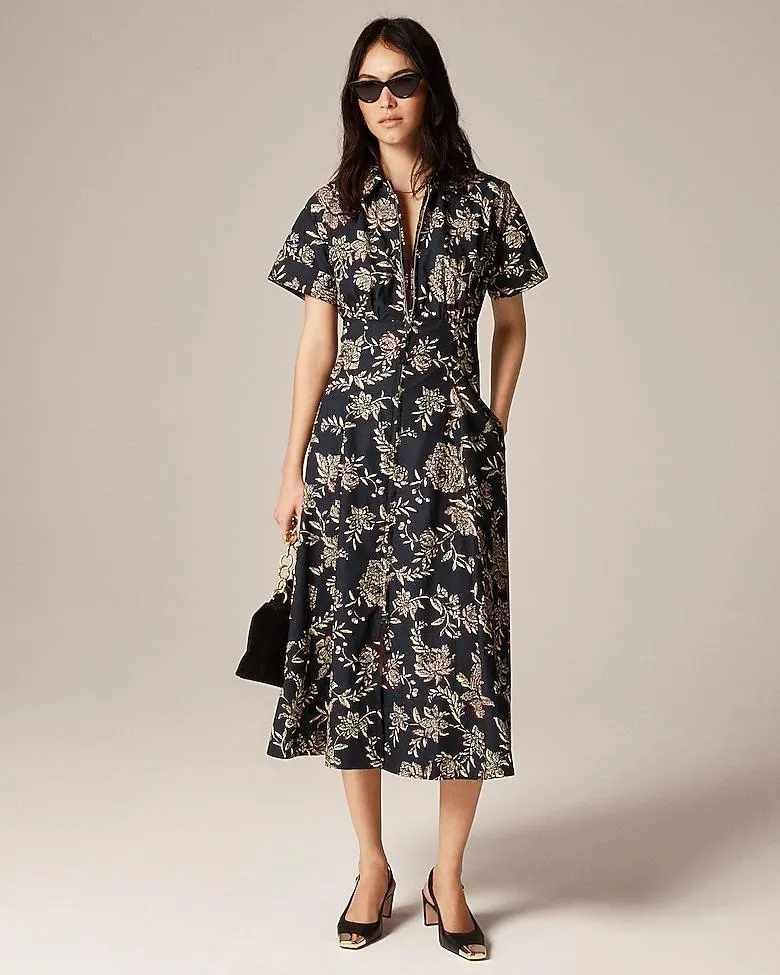 Zip-up shirt-dress in floral cotton poplin