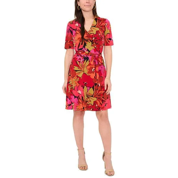 Petite MSK Short Sleeve Tropical Floral Collar A-Line Dress