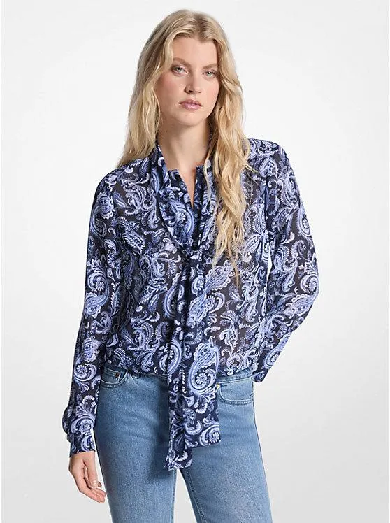 Paisley Print Georgette Tie-Neck Blouse