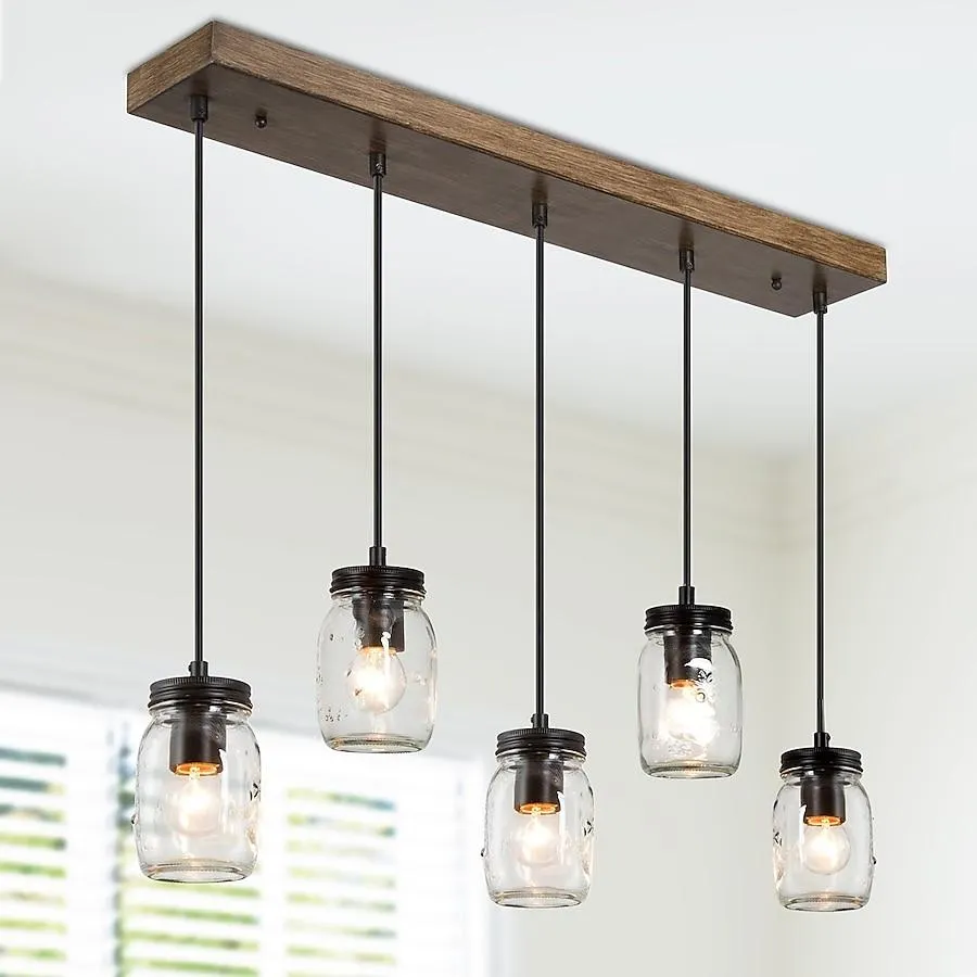 Uolfin 5 -Light 29" L Handmade Bronze with Wood in Mason Jar Farmhouse Clear glass Linear Large Hanging Kitchen island light