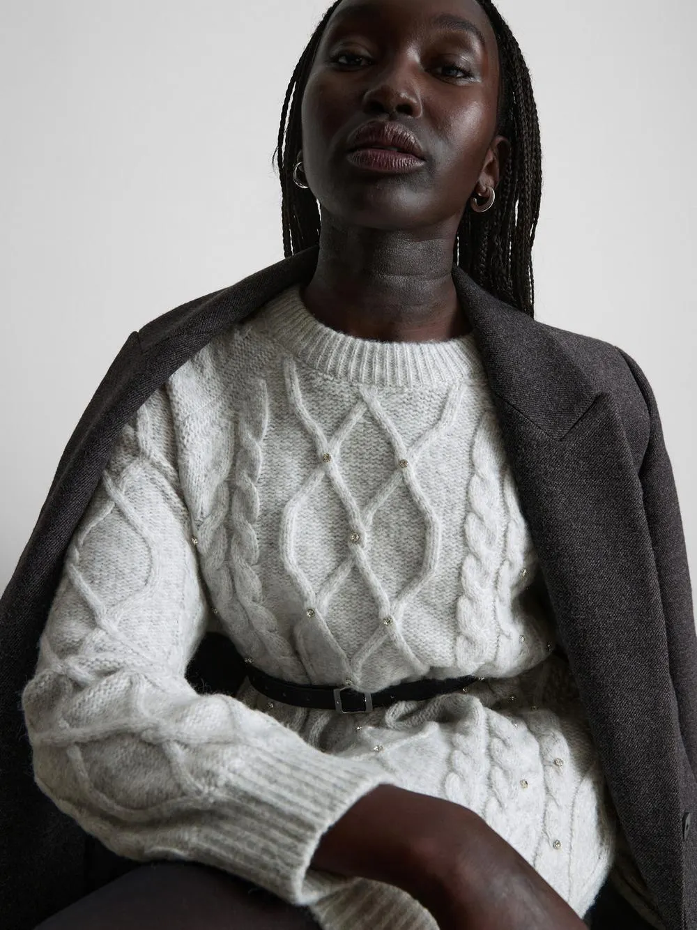 Embroidered Cable Knit Sweater Dress