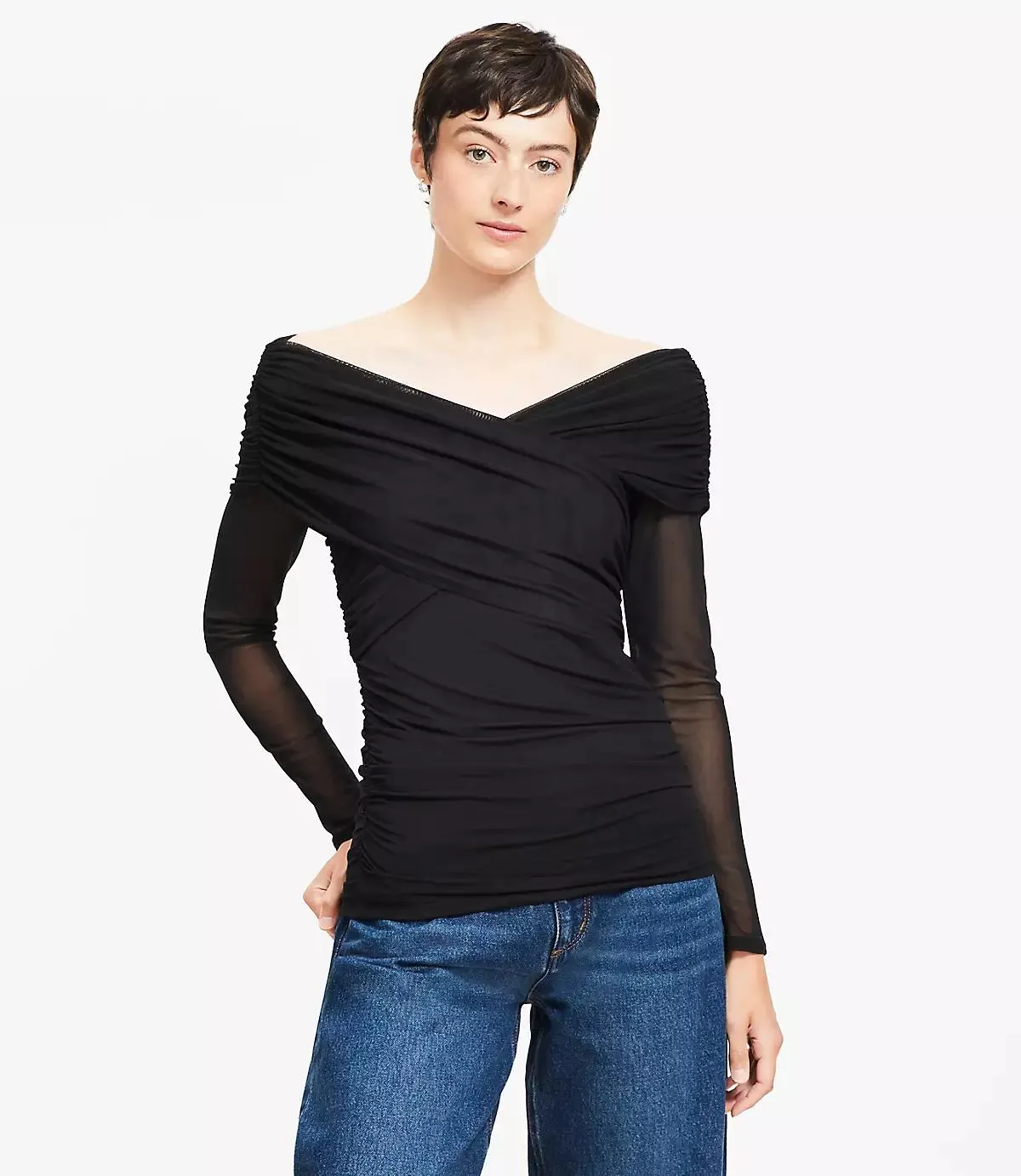 Mesh Ruched Off The Shoulder Top