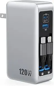 120W USB C Charger Block with 2 Built-in Retractable Cables,4-in-1 GaN IV Foldable Plug Wall Charger Fast Charging Station,PD 65W Laptop Adapter for MacBook/iPad,iPhone 17/16/15/14,Galaxy,Android etc