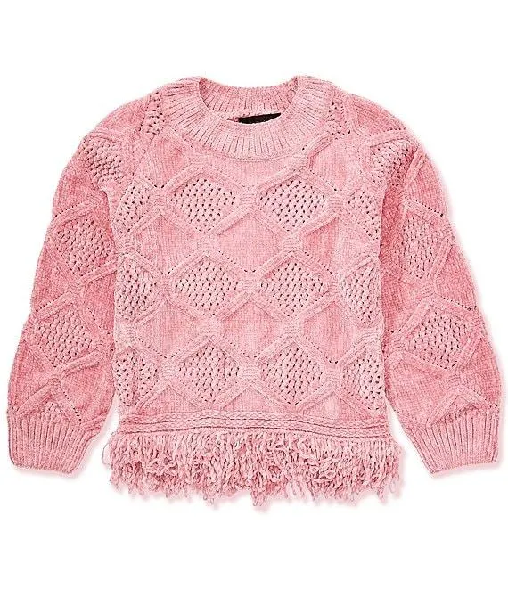 Big Girls Raglan-Sleeve Fringed-Trimmed Chenille Sweater