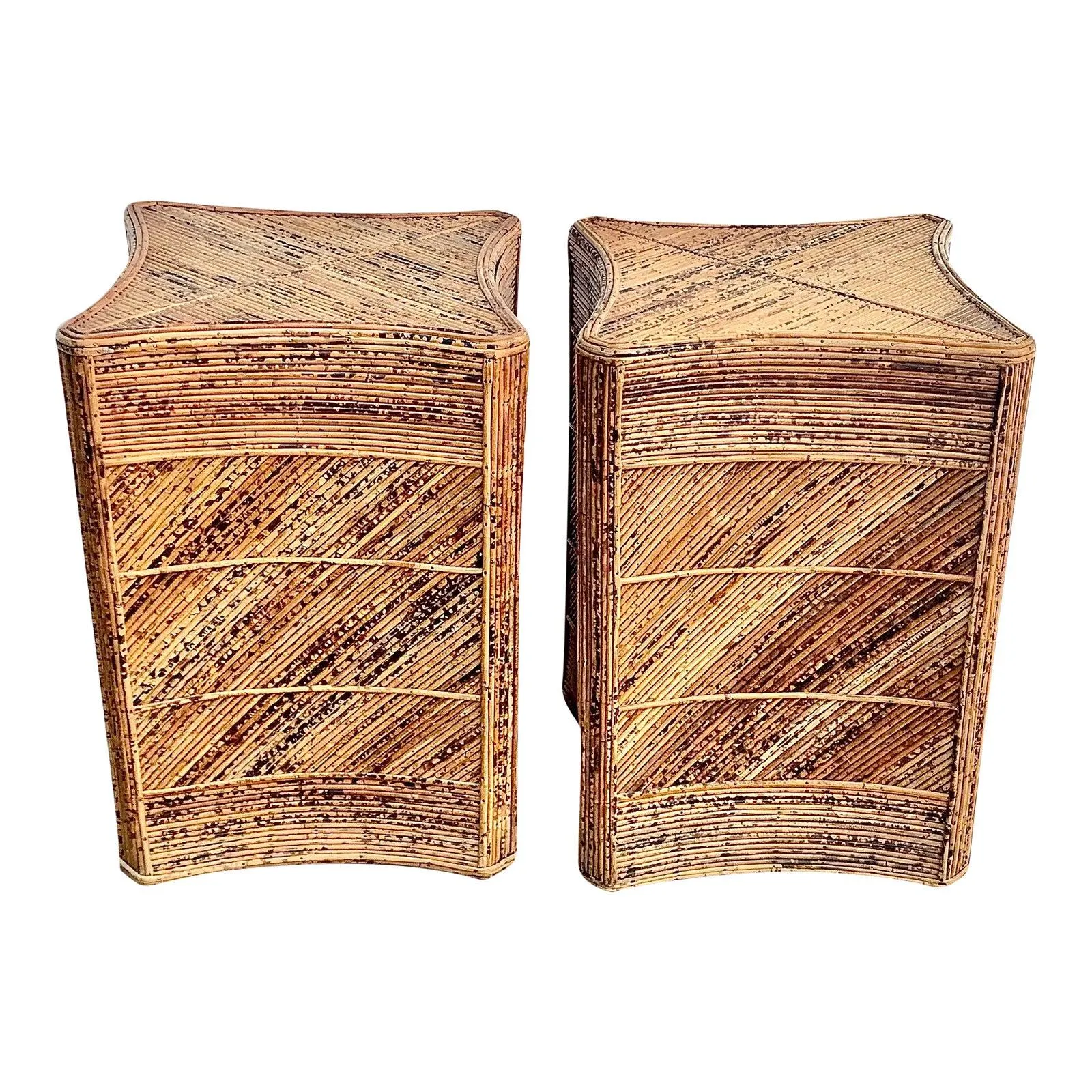 Vintage 1970’s Pencil Reed Tortoise Bamboo Side Tables-A Pair