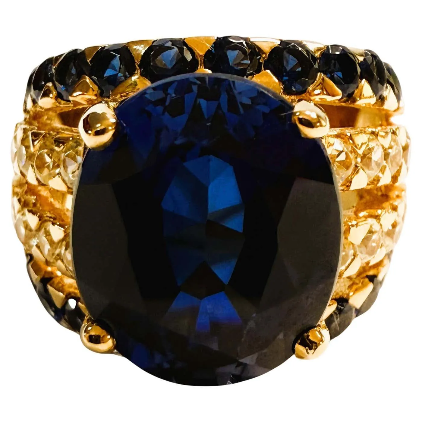 New 8.2 Carat Oval & Diamond Cut Sapphire 24k Yellow Gold PLSterling Silver Ring