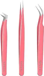 VEYES INC Lash Tweezers for Eyelash Extensions. Fiber Tip Tweezers Kit Contains Isolation,Curved and Volume Lash Tweezers (3pcs) Pink