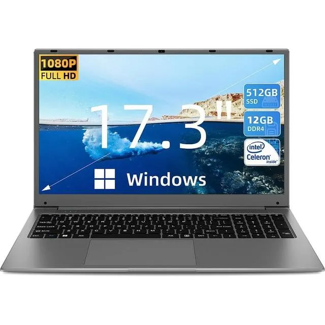 SGIN 17.3 inch Windows 11 Laptop 12GB DDR4 512GB SSD with Intel Celeron N5095 FHD 1920x1080, Gray