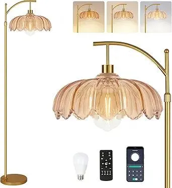 Floor Lamp for Living Room,Bedroom,Gold Dimmable Standing Lamp with Remote,Mid Century Modern Brass Tall Lamp Retro Vintage Green Glass Lamp Floor Light Boho Bohemian