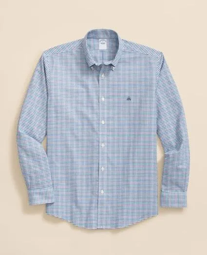 Stretch Cotton Non-Iron Oxford Polo Button-Down Collar, Grid Check Shirt