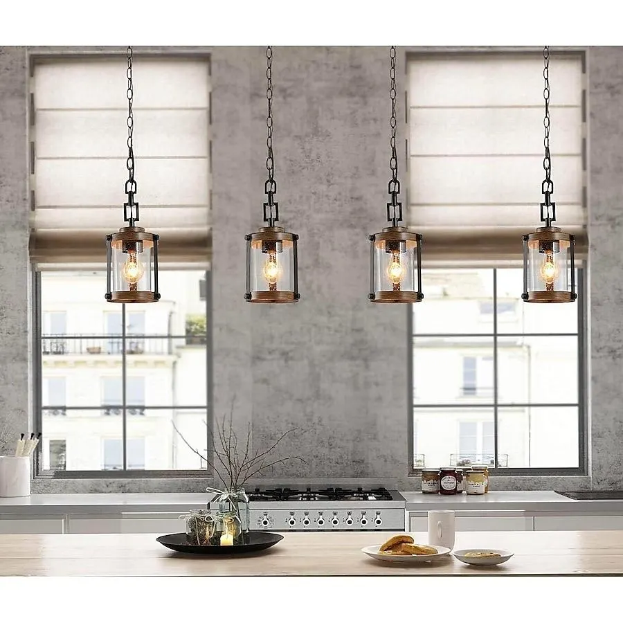 LNC Roth 1 -Light 1-Light Matte Black and Brown Modern Rustic Seeded glass Cylinder Mini Hanging Kitchen island light