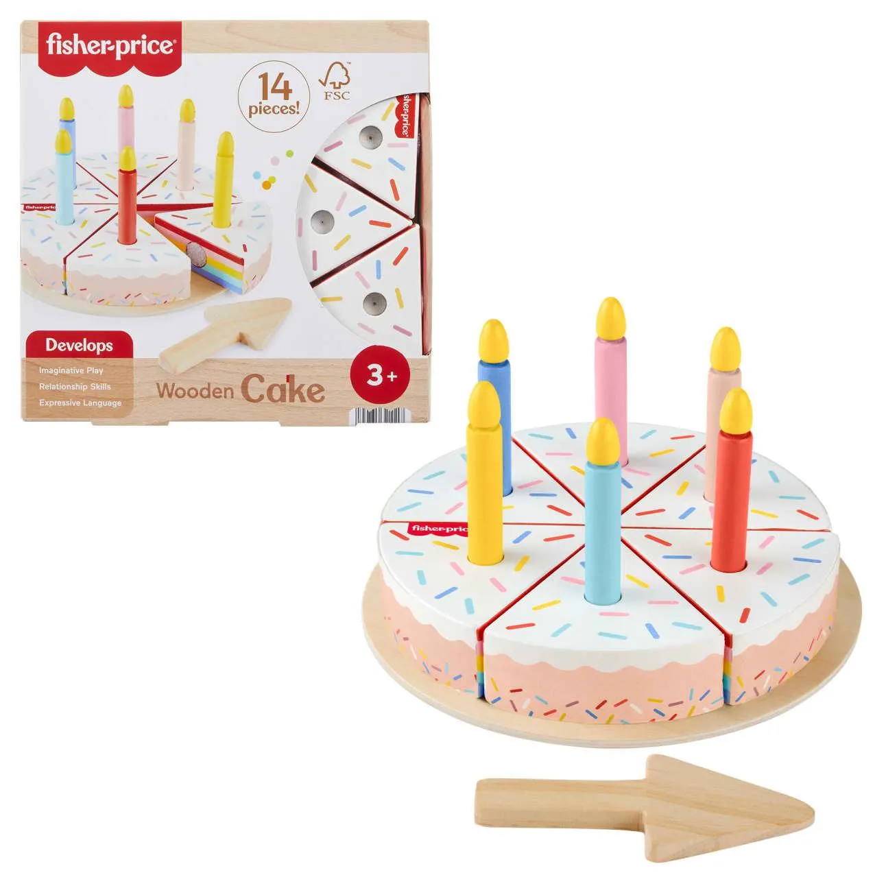 Fisher-Price Wooden Cake, Pretend Food Decorating Set For Preschool Kids, 14 Wood Pieces