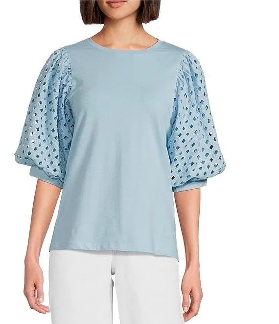 Knit Contrast Eyelet Crew Neck Short 3/4 Balloon Sleeve Top