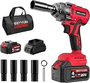 SEYVUM Impact Wrench,1/2" Impact Gun, Power Impact Driver Max Torque 320 Ft-lbs (430N.m), Cordless Impact Wrench with 20V Brushless Motor, 4.0Ah Li-ion Battery with Fast Charger, 4 Pcs Impact Sockets