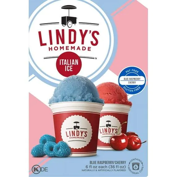 Lindy’s Blue Raspberry & Cherry Italian Ice, Gluten Free Frozen Dessert, 6 Count – 6 fl oz Cups