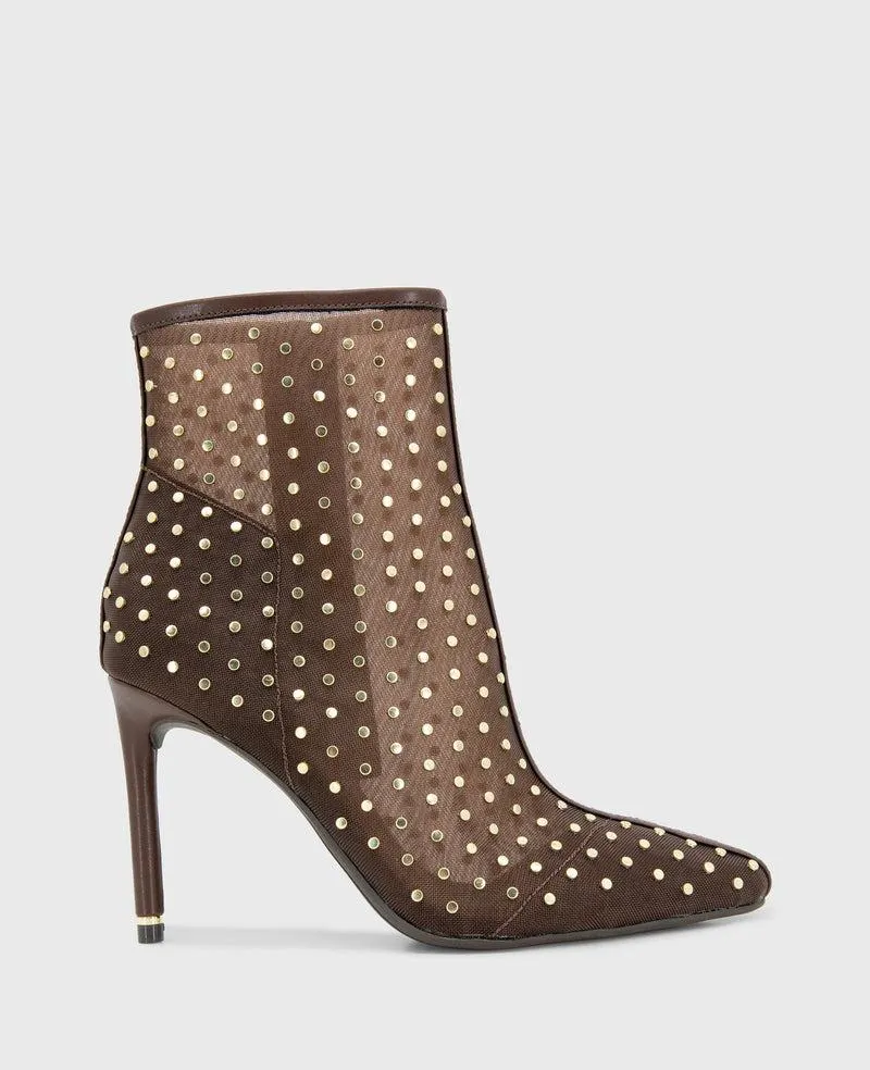 Quincy Mesh Micro Stud Heel Ankle Bootie - BROWN MESH