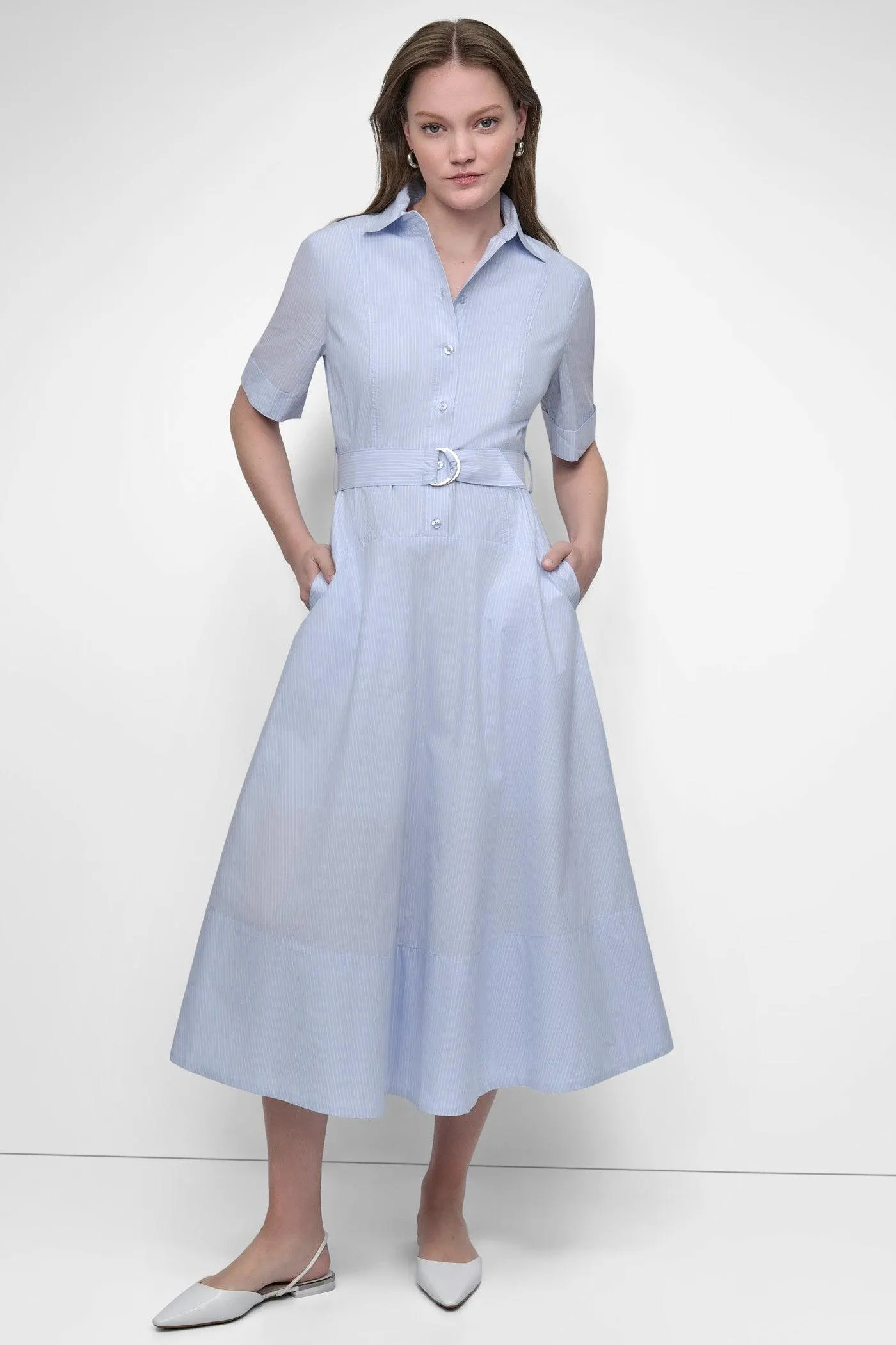 BELTED PINSTRIPED MIDI SHIRT DRESS