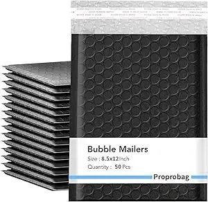 8.5 x 11 Bubble Mailers 50 Pack - Outer Size 9x12 Heavy Duty Black Padded mailer with Self Seal, Waterproof Shipping Envelopes, Bubble Wrap Protection for Ecommerce, Non See Through