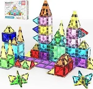 PicassoTiles 100pc Magnetic Tile Mini Diamond Set Travel Size STEM Educational Building Kit for Toddlers Preschool Boys Girls Age 3 Plus Montessori Indoor Learning Toy for Creative Development PTM100