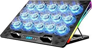 KeiBn Laptop Cooling Pad, Gaming Laptop Fan Cooling Pad with 15 Quiet Fans, RGB Laptop Cooler for 10-17.3 Inch, 4 Height Stands, 2 USB Ports - Blue
