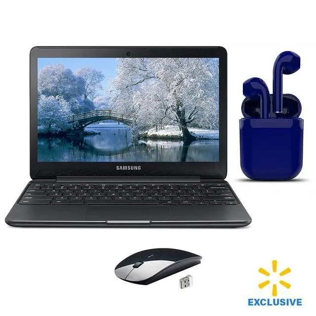 Restored Samsung Chromebook 11.6-inch Intel Celeron N3050 4GB RAM 32GB SSD Bundle: USA Essentials Bluetooth/Wireless Airbuds, Wireless Mouse By Certified 2 Day Express