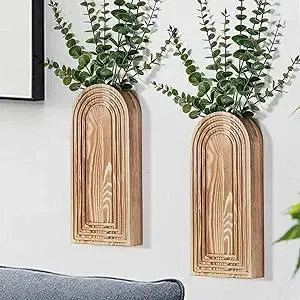 2 Pack Wooden Wall Vase Set - Brown Finish Modern Farmhouse & Boho Wall Decor for Entryway, Hallway, Bathroom, Living Room, Dining Room, Narrow Spaces
