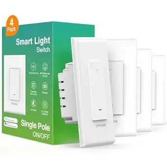 GHome Smart Switch, Smart Wi-Fi Light Switch for Lights Work with Alexa and Google Home 2.4Ghz, Single-Pole, Neutral Wire Required, UL Certified, Voice Control (4 Pack)