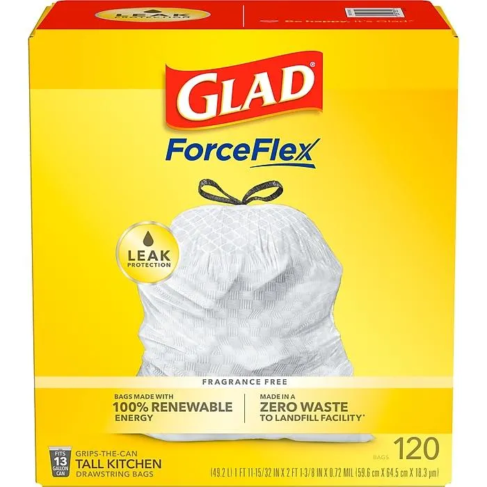 Glad ForceFlex Tall 13 Gallon Kitchen Drawstring Trash Bags,