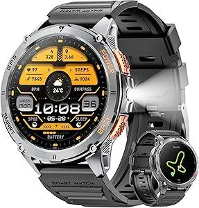 Military Smart Watch for Men with GPS, 1.43" AMOLED Bluetooth Call Smartwatch with LED Flashlight, Rugged Smart Watches for Android iOS, IP68 Waterproof Fitness Tracker with Heart Rate (Black)