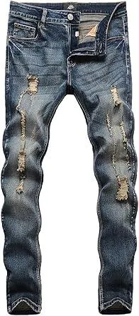 ZLZ Blue Black Ripped Distressed Jeans for Men Slim Fit, Men's Fashion Design Streetwear Destroyed Jeans Pants Stretch Fit