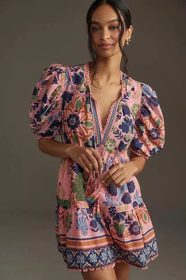 Farm Rio Seashell Tapestry Short-Sleeve Mini Dress