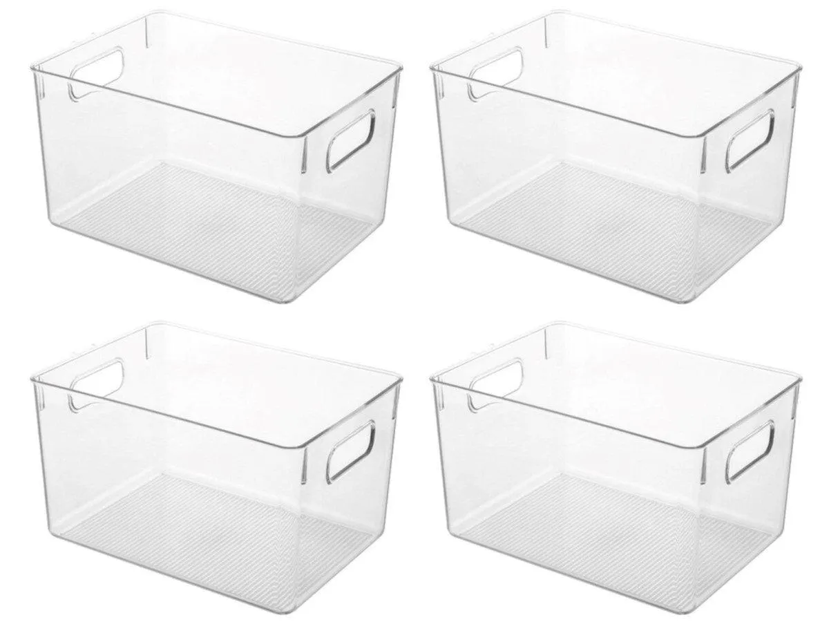 MPM 4 Packs Transparent Plastic Bins Storage Box, Deep Plastic Bins, Great Organization for Home Storage, Kitchen Cabinet, Pantry, Refrigerator Fridge Organizer