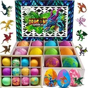 Bath Bombs for Kids with Surprise Inside - 12 Organic Bubble Bath Fizzies with Dragon Egg Toys. Gentle & Kids Friendly w/Rich Bubbles & Rainbow Colors, Birthday Gifts for Boys, Girls