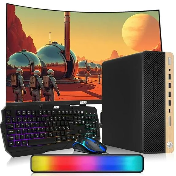 Restored HP Light Single Premium Desktop Computer PC – AMD Processor,16GB ARGB RAM,512GB SSD,27 Inch Curved Monitor,RGB Keyboard with AI Copilot Key and Mouse,RGB Soundbar,Windows 11