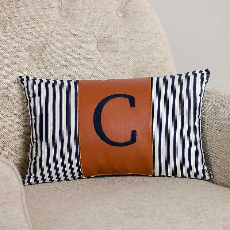 Navy Striped Monogram C Lumbar Pillow