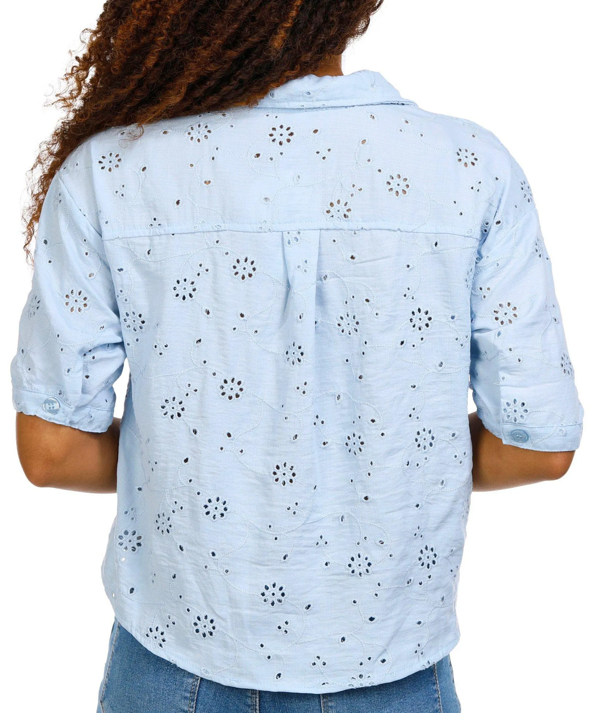 No Comment Juniors Floral Eyelet Button Down Top