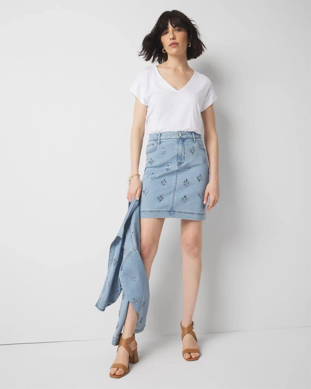 Embellished Denim A-Line Mini Skirt