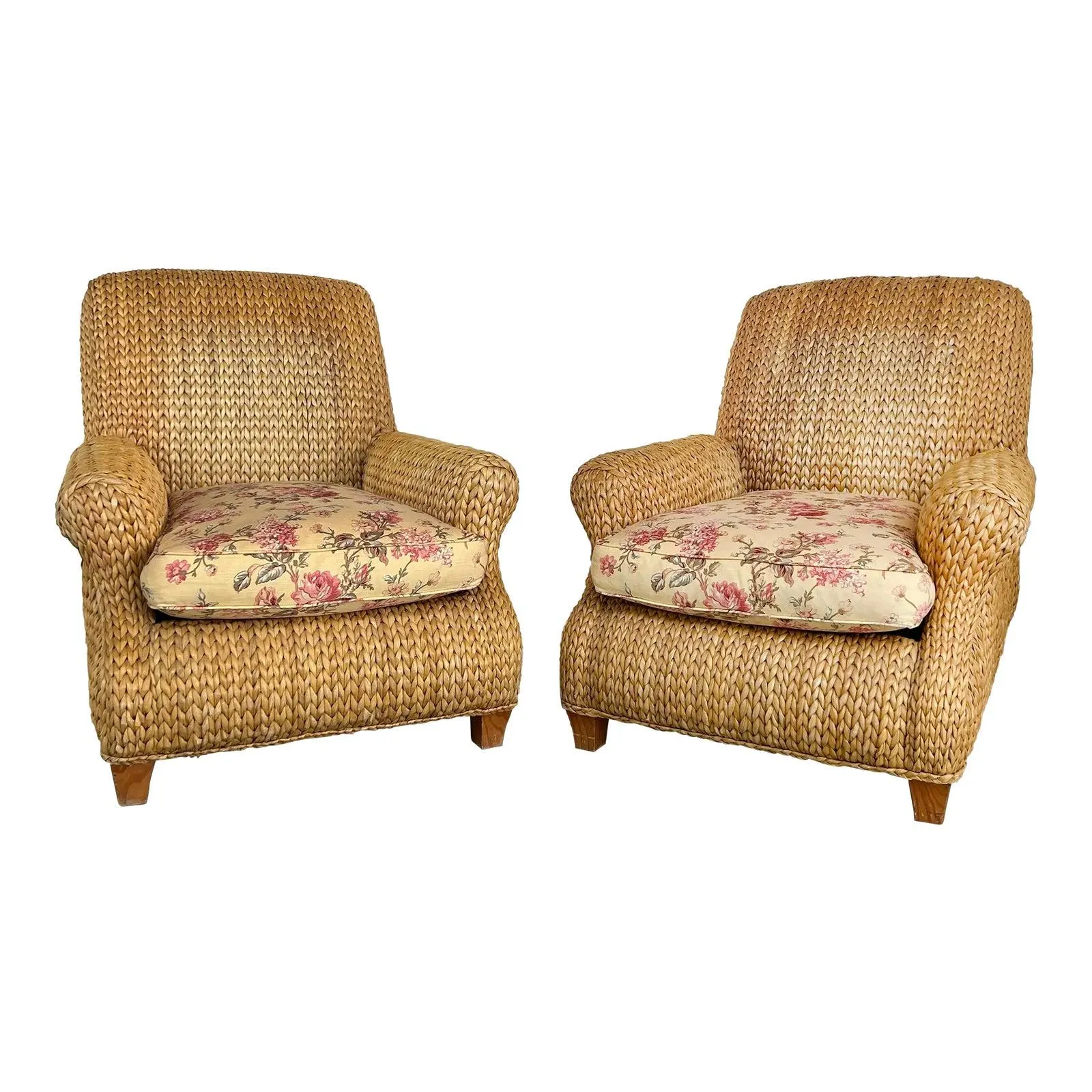 Vintage Ralph Lauren Coastal Woven Seagrass Club Chairs, Pair
