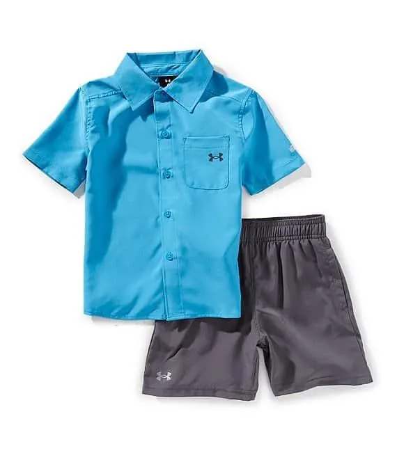 Little Boys Spread Collar Woven Fish Shirt & Shorts 2-Piece Set