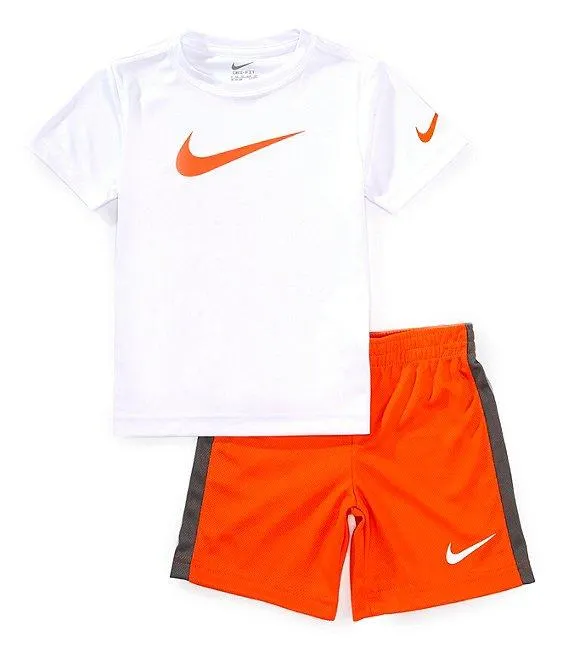 Little Boys Short Sleeve Swoosh T-Shirt & Racing-Striped Shorts Set